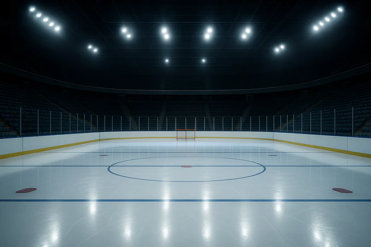 Leeres Eishockeystadion mit hell beleuchteter Eisfläche