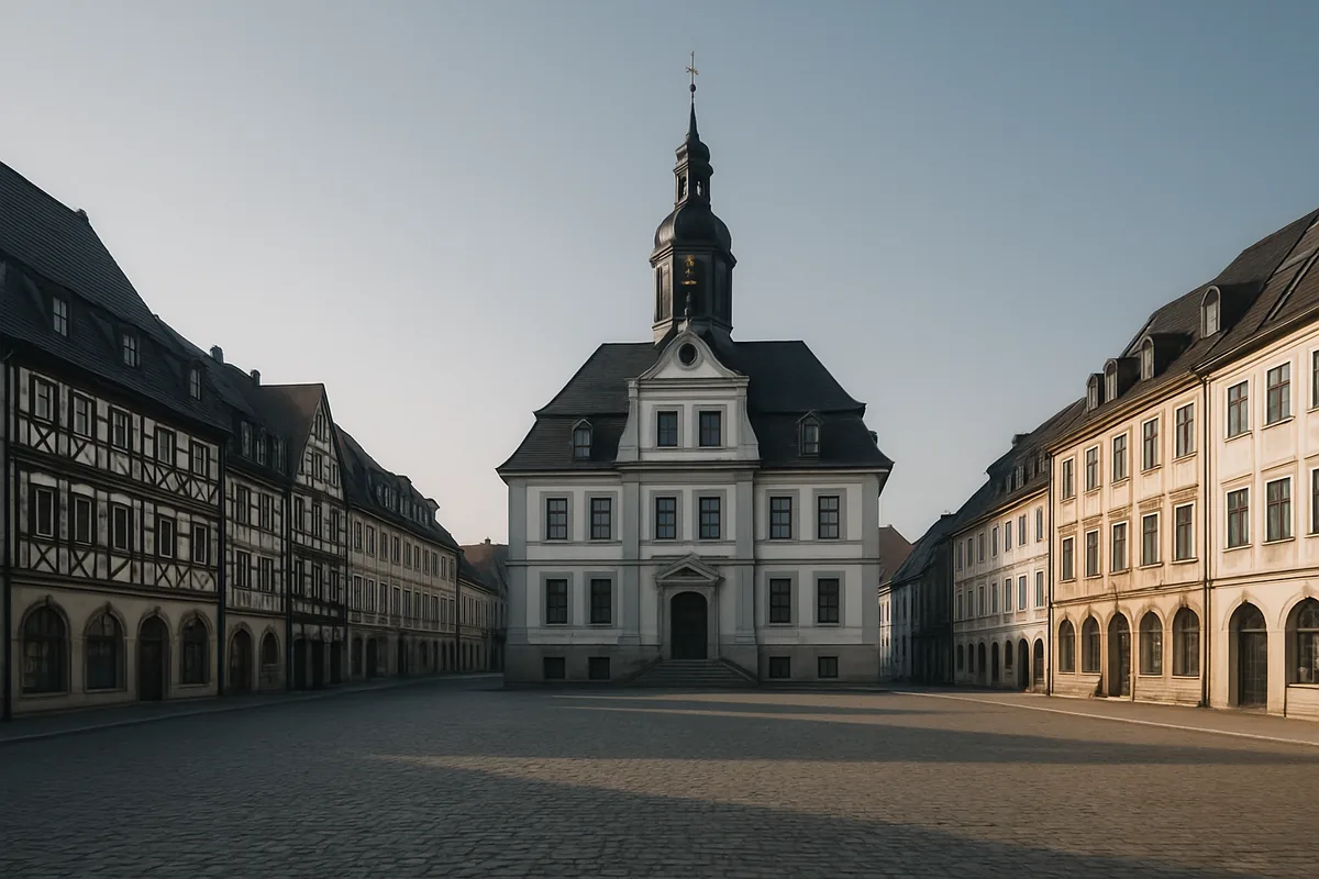 Historischer Marktplatz einer sächsischen Kleinstadt im weichen Morgenlicht