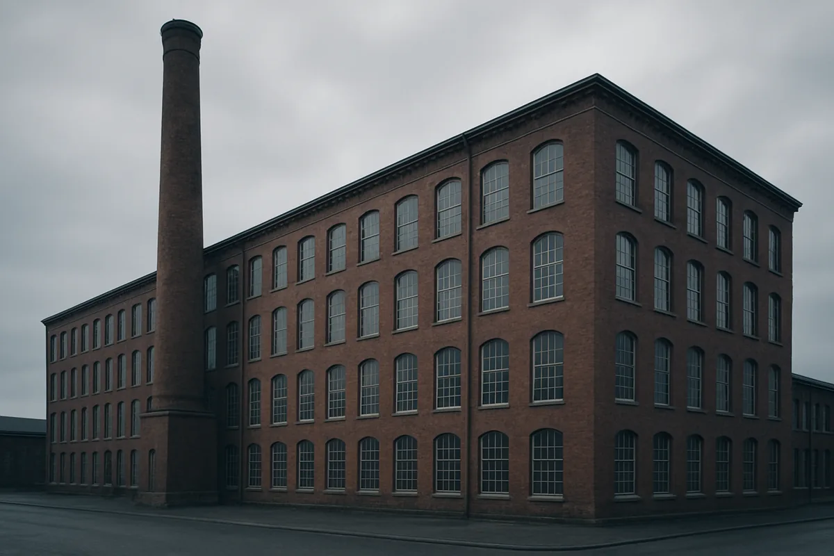 Altes Textilfabrikgebäude aus Backstein mit hohem Schornstein